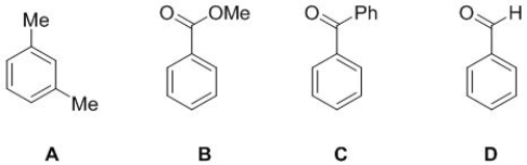 Select the molecule from the following structure that will have 6 carbon peaks, 4 hydrogen peaks in its NMR spectra.   A)  A B)  B C)  C D)  D