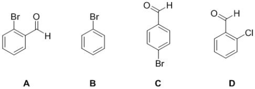 Based on the information given, select the molecule to which it fits best. 7 carbon and 5 hydrogen peaks in its NMR spectra. MS 183.95 (100 %) , 185.95 (100 %) . IR frequency at 1740 cm<sup>-1</sup>   A)  A B)  B C)  C D)  D