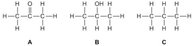 Which of the following full structural formulae depictions has the condensed structure CH<sub>3</sub>CH(OH) CH<sub>3</sub>?   A)  A B)  B C)  C