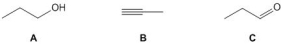 Which of the following skeletal structures represents the condensed structure CH<sub>3</sub>CH<sub>2</sub>CH<sub>2</sub>OH?   A)  A B)  B C)  C