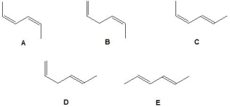 Pick out the diene which has one cis C=C bond and one trans C=C bond:   A)  A B)  B C)  C D)  D E)  E