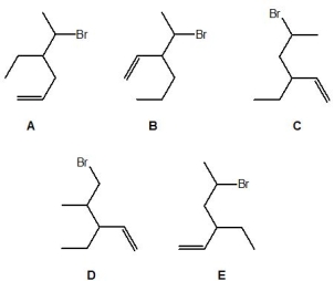 Which of the following molecules is 5-bromo-4-ethylhex-1-ene?   A)  A B)  B C)  C D)  D E)  E