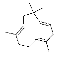 Humulene, following pictured as a line-angle drawing, is produced by the hops plant and is found to have anti-inflammatory properties. Draw the full-atom structure for humulene and write the chemical formula.   