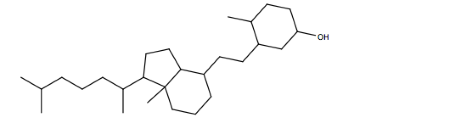 Vitamin D3, following pictured as a line-angle drawing, is essential for healthy bones. Determine the number of carbon and hydrogen atoms in the molecule. There is also one oxygen atom present. Write the chemical formula for vitamin D3.   