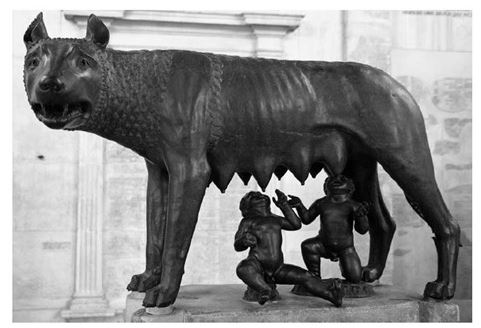   Who are represented here? A)  Julius Caesar and Octavian Caesar B)  Romulus and Remus C)  Ascanius and Iulus D)  Faustulus and Laurentia