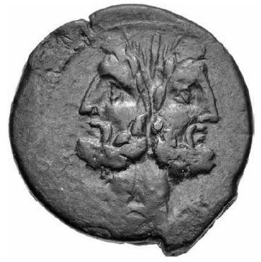 <strong> Which numen is represented on this ancient Roman coin?</strong> A) Faunus B) Silvanus C) Janus D) Liber