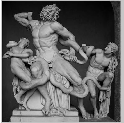 <strong> Who is represented in the center (flanked by his sons) of this sculptural group?</strong> A) Neoptolemus B) Orestes C) Priam D) Laocoön