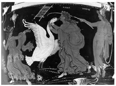 <strong> Who is shown here kissing a swan?</strong> A) Clytemnestra B) Leda C) Helen D) Hecabê