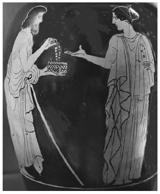   Polynices is seen here bribing _______ with the necklace of Harmonia. A)  Antiopê B)  Dircê C)  Ismenê D)  Eriphylê