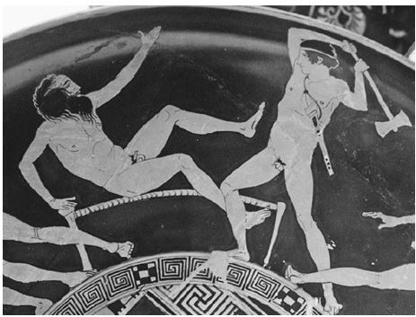   Theseus is shown here defeating which of the six infamous bandits and killers who plagued the road from Troezen to Athens? A)  Sciron B)  Sinis C)  Procrustes D)  Periphetes