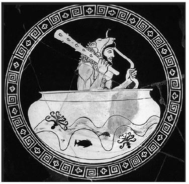   Heracles is represented here as sailing in a cup given to him by _______. A)  Zeus B)  Helius C)  Chiron D)  Eurystheus