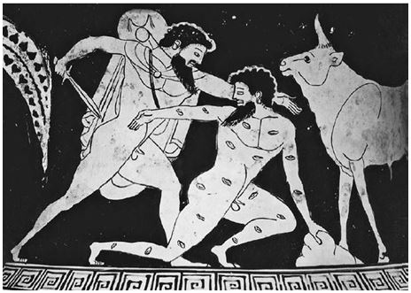   Which three figures are represented here? A)  Hermes B)  Io C)  Argus D)  Perseus
