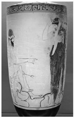   Hermes is depicted on the left here in what capacity? A)  As psychopompos B)  As thanatophoros C)  As aoidos D)  As a follower of Orpheus