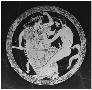   Who are represented here? A)  Semelê and Zeus B)  Ariadnê and Pan C)  A maenad and a satyr D)  Artemis and Pan