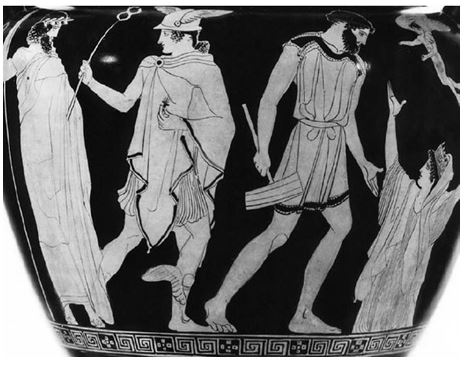 <strong> Who is rising from the earth on the far right side of this illustration?</strong> A) Aphrodite B) Athena C) Pandora D) Hellên