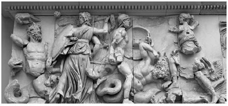   This sculpture group from the Great Altar at Pergamum depicts the Greek gods fighting against _______. A)  Gorgons B)  the Titans C)  Typhoeus D)  Giants
