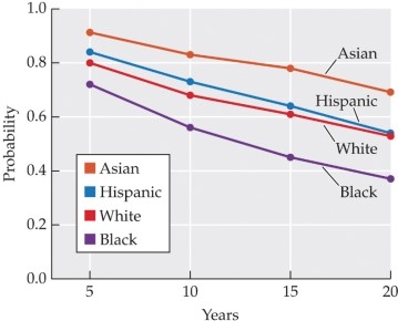 Refer to the figure.   This graph shows the probability that couples of each race/ethnicity will remain married over time. From top to bottom, the lines reflect Asian, Hispanic, white, and Black couples. What conclusion can you draw from this data? A)  Asians are more likely to get married than people of other races/ethnicities. B)  Asians are less likely to get divorced than people of other races/ethnicities. C)  Asians are more happily married than people of other races/ethnicities. D)  For people of all ethnicities, divorce rates drop off after 10 years of marriage. E)  For people of all ethnicities, divorce rates rise sharply after 10 years of marriage.