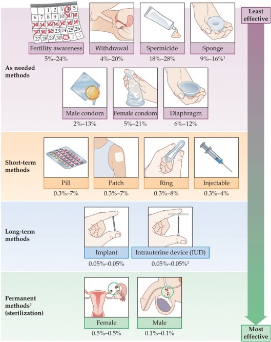 Refer to the figure.   This figure indicates failure rates for perfect use (left)  and typical use (right) . Based on the figure, which of the following contraceptive methods has the lowest user error? A)  Male condom B)  Diaphragm C)  Pill D)  Injectable E)  Implant