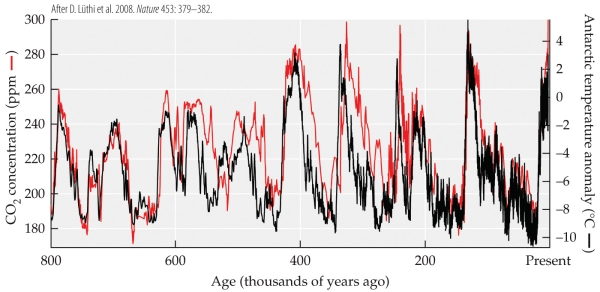 Refer to the figure.   The figure shows the temperature (in °C, relative to modern temperature)  and the concentrations of carbon dioxide (in ppm)  and methane (in ppb)  over the past 400,000 years.  -According to various lines of evidence, our species emerged about 160,000 years ago. At that time, temperatures were about _______°C cooler than they are now, and the carbon dioxide level was about _______ ppm. A)  4; 200 B)  4; 300 C)  8; 200 D)  8; 300