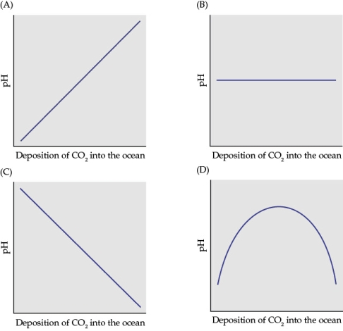 Refer to the figure.   Which figure best describes the relationship between carbon intake in oceans and pH of the oceans? A)  Figure A B)  Figure B C)  Figure C D)  Figure D