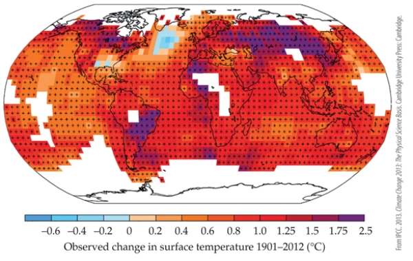 Refer to the map.     The map shows the temperature change in °C across different regions of the globe from the averages of 1901‒2012. According to the map, how much warmer is Paris in 2012 than in 1901? A)  0.2 °C B)  0.8 °C C)  1.5 °C D)  2.5 °C