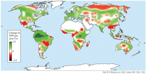 Refer to the map.   The map shows the changes in NPP (per year)  between 1982 and 1999. Which place has seen the largest increase in NPP? A)  Central Mexico B)  Spain C)  The Amazon D)  Central Australia