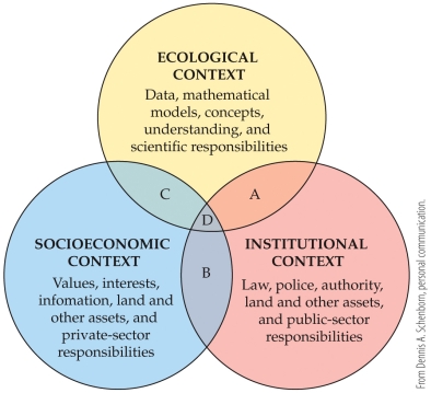 Refer to the figure.   If a field biologist with the National Park Service is working to collect data on a particular species, which of the following best describes that interaction? A)  B, zone of social obligations B)  C, zone of informal decisions C)  A, zone of regulatory or management authority D)  D, zone of win-win partnerships