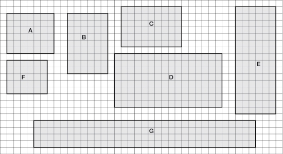 Refer to the figure. Figure 1    You are working with a town to develop a conservation strategy for parks (tracts) of protected land in a suburban area (parks A-G). These seven areas are depicted in Figure 1. Each square in the grid indicates an area of 1 km<sup>2</sup>.  -Refer to Figure 1 to familiarize yourself with the key aspects of the protected areas and answer the following questions: a) Determine the overall size of each park (in km<sup>2</sup>) and create a table of these data (this will be referred to as Table 1). b) Based on the total area, what percent of the available land is currently protected? c) Based solely on the size of each park, which park would you expect to have the highest species richness? Why? d) Based solely on size and shape of each park, which park would you expect would have the most potential for preserving viable populations of a threatened species? Why?