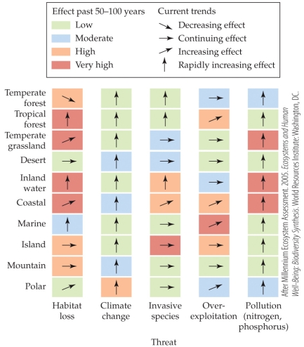 Refer to the figure.   The figure shows the current level of threat faced by each biome from a variety of sources. The arrows show the direction whether the threat is decreasing, continuing, increasing, or rapidly increasing.  -In which biome does habitat loss pose a very high and rapidly increasing risk? A)  Polar B)  Coastal C)  Tropical forest D)  Temperate grassland