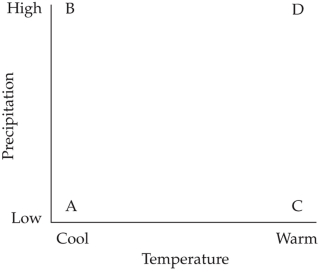 Refer to the figure.   The figure shows the relationship between temperature and precipitation in different climate regimes (points A‒D) . In which climate regime would you expect rates of weathering and leaching to be the highest? A)  Regime A B)  Regime B C)  Regime C D)  Regime D