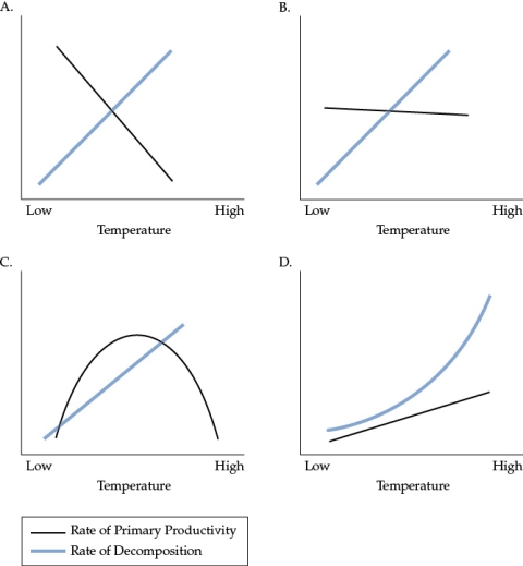 Refer to the figure.   Which figure best illustrates the relationship between temperature and primary productivity and temperature and rates of decomposition? A)  Figure A B)  Figure B C)  Figure C D)  Figure D