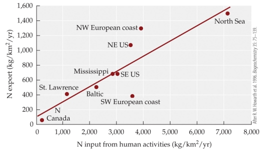 Refer to the figure.   A river with 5,000 kg/km<sup>2</sup>/yr of nitrogen input from human activities would be expected to export _______ kg/km<sup>2</sup> of nitrogen per year. A)  500 B)  800 C)  1,150 D)  1,500