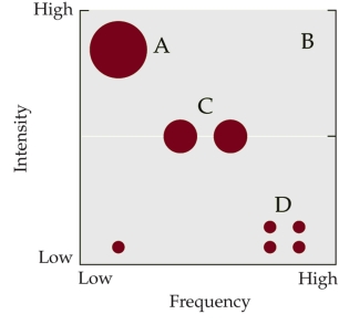 Refer to the figure.   The figure shows examples of possible disturbance intensity (y-axis)  and frequency (x-axis)  combinations. - What type of disturbance would be likely represented by B? A)  Flood B)  Active volcano C)  Hurricane D)  Forest fire