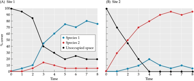 Refer to the tables and the figure.    Figure 11    You are studying succession and colonization at two sites, site 1 and site 2. You sample the abundance of two species at the sites and determine their percent cover at each site and time period.Answer the following questions: a) When are the sites most vulnerable to colonization by an invasive species? Justify your answer.  b) By time 8, which site is least vulnerable to colonization by an invasive species? Why?