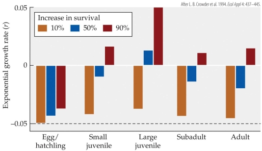 Refer the figure.   According to the figure, which loggerhead sea turtle group, when 50% protected by management practices, was estimated to produce a positive increase in survival growth rate? A)  Egg/hatchling B)  Small juvenile C)  Large juvenile D)  Subadult