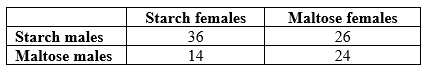 Refer to the table.   - Suppose that, following the experiments by Dodd, Drosophila pseudoobscura are fed one of two diets (starch or maltose)  for many generations. Once they have adapted to the new food sources, individual females from the starch treatment are given a choice between a male adapted to starch (a starch male) , or a male adapted to maltose (a maltose male) . When 50 females have chosen a mate, the experiment is repeated with females adapted to maltose. The results are in the table. Which conclusion is best supported by the data? A)  No reproductive barriers evolved. B)  Partial reproductive barriers evolved in one direction of the cross, with starch-adapted females choosing starch-adapted males over maltose-adapted males. C)  Partial reproductive barriers evolved in both direction of the cross. D)  Complete reproductive barriers evolved in both directions of the cross.