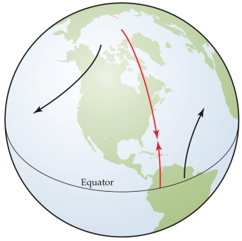<strong>Refer to the figure. The figure illustrates the Coriolis effect for Earth. Which of the following statements about the Coriolis effect is false?</strong> A) The Coriolis effect has a major impact on determining global patterns of ocean currents as well as winds. B) The Coriolis effect occurs because points on Earth close to the equator are rotating around Earth's axis more slowly than points farther from the equator. C) If the Earth's direction of rotation was from east to west rather than west to east, the deflection would still occur, but its direction would be reversed. D) If the Earth was a cylinder (with its length oriented north-south and rotating around a north-south axis) rather than a sphere, no east-west deflection of a north-south trajectory would occur.