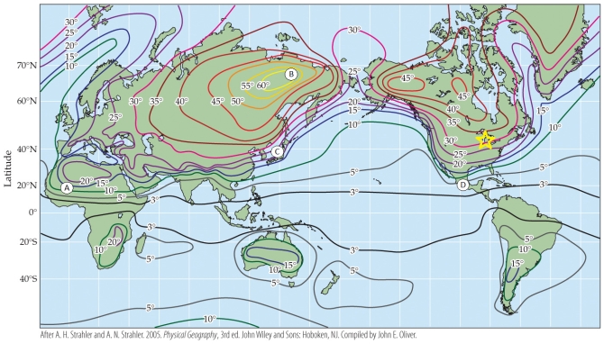 <strong>Refer to the map. The map shows annual seasonal temperature variation (in °C). Which region shows the greatest temperature variation?</strong> A) Region A, in the Sahara Desert B) Region B, in Siberia C) Region C, in Japan D) Region D, in Mexico