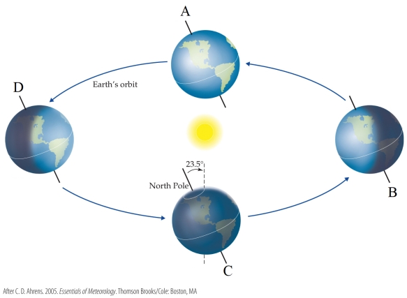 Refer to the figure.   Which statement is true? A)  Position  A  represents the June solstice, when locations in the southern hemisphere are in darkness for more hours than any other day of the year. B)  Position  B  represents the June solstice, when locations in the southern hemisphere are in darkness for more hours than any other day of the year. C)  Position  C  represents the December solstice, when locations in the southern hemisphere are in darkness for more hours than any other day of the year. D)  Position  D  represents the December solstice, when locations in the southern hemisphere are in darkness for more hours than any other day of the year.