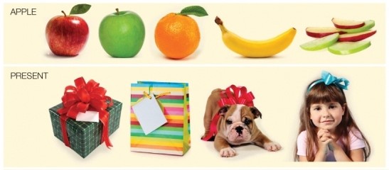 Refer to the figure.    For each set of images, describe some of the challenges that children are faced with in deciding which features to use to form an understanding of which objects the names apple and present apply to.