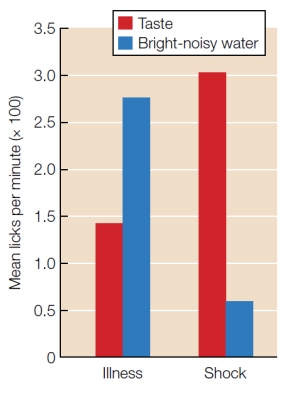 The figure below shows the results of the seminal work by Garcia and Koelling demonstrating preparedness. Describe the experiment and the results, referencing the figure and what the experiment tells us about preparedness.  <div style=padding-top: 35px> 