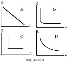 Use the following to answer questions below:    -Refer to the isoquant graphs. Which of the four graphs shows an isoquant where capital (K)  and labor (L)  are perfect complements? A)  Graph A B)  Graph B C)  Graph C D)  Graph D