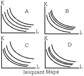 Use the following to answer questions below:    -Refer to the isoquant maps graph. Assume that the four isoquants in each graph represent output levels of 100, 200, 300, and 400. Which of the four graphs shows an isoquant map in which returns to scale are first decreasing and then increasing? A)  Graph D B)  Graph C C)  Graph B D)  None of the above is correct.