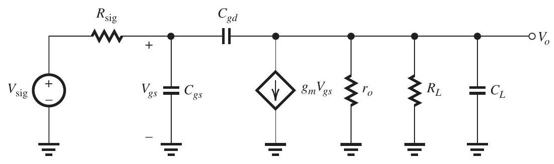 Refer to Figure 10.1.1 Figure 10.1.1 (a) At midband frequencies, \begin{aligned} \frac{V_{o}}{V_{\text {sig }}} & =-g_{m}\left(r_{o} \| R_{L}\right) \\ & =-1 \times(100 \| 100) \\ & =-50 \mathrm{~V} / \mathrm{V} \end{aligned} (b) Capacitor C_{g s} sees a resistance R_{g_{s}}=R_{\mathrm{sig}}=100 \mathrm{k} \Omega Thus, \begin{aligned} \tau_{g s} & =C_{g s} R_{g s} \\ & =0.1 \times 10^{-12} \times 100 \times 10^{3} \\ & =10 \mathrm{~ns} \end{aligned} Capacitor C_{g d} sees a resistance R_{g d}=R_{L}^{\prime}+R_{\text {sig }}\left(1+g_{m} R_{L}^{\prime}\right) where R_{L}^{\prime}=r_{o}\left\|R_{L}=100\right\| 100=50 \mathrm{k} \Omega Thus, \begin{aligned} R_{g d} & =50+100 \times(1+1 \times 50) \\ & =5150 \mathrm{k} \Omega \end{aligned} and \begin{aligned} \tau_{g d} & =C_{g d} R_{g d} \\ & =50 \times 10^{-15} \times 5150 \times 10^{3} \\ & =257.5 \mathrm{~ns} \end{aligned} Capacitor C_{L} sees a resistance R_{C L}=R_{L}\left\|r_{O}=100\right\| 100=50 \mathrm{k} \Omega Thus, \begin{aligned} \tau_{C L} & =C_{L} R_{C L} \\ & =0.1 \times 10^{-12} \times 50 \times 10^{3} \\ & =5 \mathrm{~ns} \end{aligned} Finally, \begin{aligned} \tau_{H} & =\tau_{g s}+\tau_{g d}+\tau_{C L} \\ & =10+257.5+5 \\ & =272.5 \mathrm{~ns} \end{aligned} and \begin{aligned} f_{H} & =\frac{1}{2 \pi \tau_{H}}=\frac{1}{2 \pi \times 272.5 \times 10^{-9}} \\ & =584 \mathrm{kHz} \end{aligned}