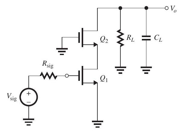 Figure 10.4.1 For the cascode amplifier in Fig. 10.4.1 (with the dc bias circuitry not shown), g_{m 1}=g_{m 2}= 2.5 \mathrm{~mA} / \mathrm{V}, r_{o 1}=r_{o 2}=20 \mathrm{k} \Omega, C_{g s 1}=C_{g s 2}= 20 \mathrm{fF}, C_{g d 1}=C_{g d 2}=5 \mathrm{fF}, C_{d b 1}=C_{d b 2}=5 \mathrm{fF} , C_{L}=5 \mathrm{fF} , and R_{\mathrm{sig}}=10 \mathrm{k} \Omega . Investigate two designs, one that results in a de gain of 60 \mathrm{~dB} and one that provides a dc gain of 40 \mathrm{~dB} . For each case, find the required value of R_{L} , the resulting 3 -dB frequency f_{H} , and the gain-bandwidth product. Comment on the tradeoff between gain and bandwidth.
