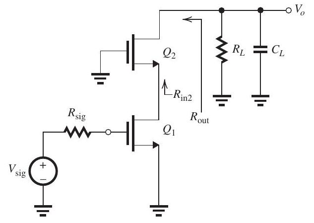 Figure 10.5.1 Figure 10.5.2 (a) The MOSFET in the common-source amplifier in Fig. 10.5.1, where the dc bias arrangement is not shown, is operating at g_{m}=2 \mathrm{~mA} / \mathrm{V} and r_{o}=20 \mathrm{k} \Omega and has R_{\text {sig }}=R_{L}=20 \mathrm{k} \Omega . The transistor capacitances are specified as C_{g s}=40 \mathrm{fF} and C_{g d}=C_{d b}=10 \mathrm{fF} . Also, there is an additional capacitance between the output node and ground, C_{L}=10 \mathrm{fF} . Find the overall de gain G_{v} \equiv V_{o} / V_{\text {sig }} , the upper 3-dB frequency f_{H} , and the gain-bandwidth product f_{t} . To determine f_{H} , use the method of open-circuit time constants and recall that the resistance seen by C_{g d} is given by R_{g d}=\left(1+g_{m} R_{L}^{\prime}\right) R_{\text {sig }}+R_{L}^{\prime} , where R_{L}^{\prime}=R_{L} \| r_{o} . (b) To increase f_{t} , the common-source transistor Q_{1} is cascoded as shown in Fig. 10.5.2 (refer to Figure above), where the dc bias arrangement is not shown. For the same values of R_{\mathrm{sig}}, R_{L} , and C_{L} as in (a), assuming Q_{1} and Q_{2} are biased so that g_{m 1}=g_{m 2}=2 \mathrm{~mA} / \mathrm{V} and r_{o 1}=r_{o 2}=20 \mathrm{k} \Omega , and for the capacitances of Q_{1} and Q_{2} to have the same values as specified in (a) above, find G_{v}, f_{H} , and f_{t} for the cascode amplifier. Recall that R_{\text {out }} \simeq\left(g_{m} r_{o}\right) r_{o} and R_{\text {in } 2}=\frac{1}{g_{m 2}}+\frac{R_{L}}{g_{m 2} r_{o 2}} . In using the open-circuit time-constants method, adapt the formula given in (a) for R_{g d} to obtain R_{g d 1} . By what factor is f_{t} increased?