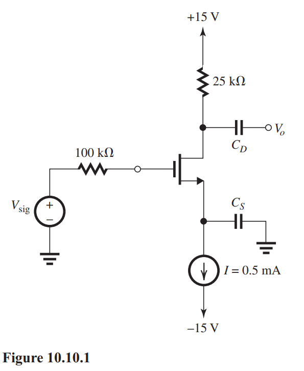 In the common-source amplifier shown in Fig. 10.10.1, the signal source has a zero average and provides de continuity to ground. The MOSFET has V_{t}=1 \mathrm{~V} and k_{n}=16 \mathrm{~mA} / \mathrm{V}^{2} . (a) Find the value of g_{m} at which the device is operating. (b) Find the midband gain V_{o} / V_{\text {sig }} in \mathrm{V} / \mathrm{V} and in dB. (c) Find the value of C_{S} that places the lower 3-dB frequency \omega_{L} at 100 \mathrm{rad} / \mathrm{s} . (d) If C_{g s}=1 \mathrm{pF} and C_{g d}=0.2 \mathrm{pF} , find the value of the upper 3-\mathrm{dB} frequency, \omega_{H} . (e) It is desired to double \omega_{H} by changing the value of g_{m} (through changing the bias current I ), find the required value of I , the new value of the midband gain (in \mathrm{V} / \mathrm{V} and in \mathrm{dB} ), and the new value of \omega_{L} .