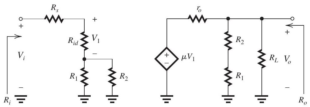     Figure 11.2.1 (a) For  A_{f}  to be ideally  10 \mathrm{~V} / \mathrm{V} ,  \beta=\frac{1}{A_{f}}=0.1 \mathrm{~V} / \mathrm{V}     Figure 11.2.2 From the feedback network shown in Fig. 11.2.2,  \begin{aligned} \beta & =\frac{R_{1}}{R_{1}+R_{2}} \\ 0.1 & =\frac{1}{1+R_{2}} \\ \Rightarrow R_{2} & =9 \mathrm{k} \Omega \end{aligned}  (b) The  A  circuit is shown in Fig. 11.2.3 (refer to Figure below).   Figure 11.2.3  \begin{aligned} A & =\frac{V_{o}}{V_{i}}=\frac{V_{1}}{V_{i}} \frac{V_{o}}{V_{1}} \\ & =\frac{R_{i d}}{R_{S}+R_{i d}+\left(R_{1} \| R_{2}\right)} \mu \frac{R_{L} \|\left(R_{1}+R_{2}\right)}{\left[R_{L} \|\left(R_{1}+R_{2}\right)\right]+r_{o}} \\ & =\frac{100}{10+100+(1 \| 9)} \times 10^{3} \times \frac{1 \|(1+9)}{[1 \|(1+9)]+1} \\ & =429.4 \mathrm{~V} / \mathrm{V} \\ R_{i} & =R_{S}+R_{i d}+\left(R_{1} \| R_{2}\right) \\ & =10+100+(1 \| 9) \\ & =110.9 \mathrm{k} \Omega \\ R_{O} & =R_{L}\left\|\left(R_{1}+R_{2}\right)\right\| r_{o} \\ & =1\|(1+9)\| 1 \\ & =476.2 \Omega \end{aligned}  (c)  \begin{aligned} A_{f} & =\frac{A}{1+A \beta} \\ & =\frac{429.4}{1+429.4 \times 0.1} \\ & =9.77 \mathrm{~V} / \mathrm{V} \end{aligned}  (d)  \begin{aligned} R_{i f} & =(1+A \beta) R_{i} \\ & =(1+429.4 \times 0.1) \times 110.9 \\ & =4.873 \mathrm{M} \Omega \\ R_{\text {in }} & =R_{i f}-R_{S}=4873-10 \\ & =4.863 \mathrm{M} \Omega \end{aligned}  (e)  \begin{aligned} R_{o f} & =\frac{R_{o}}{1+A \beta} \\ & =\frac{476.2}{43.94}=10.84 \Omega \end{aligned}  Since  \begin{aligned} \frac{1}{R_{\text {of }}} & =\frac{1}{R_{L}}+\frac{1}{R_{\mathrm{out}}} \\ \Rightarrow R_{\mathrm{out}} & =10.96 \Omega \end{aligned}  (f)  \begin{aligned} \frac{\triangle \mu}{\mu} & =10 \% \\ \Rightarrow \frac{\triangle A}{A} & =10 \% \\ \Rightarrow \frac{\triangle A_{f}}{A_{f}} & =\frac{\triangle A / A}{1+A \beta} \\ & =\frac{10}{43.94}=0.23 \% \end{aligned}  (g)  \begin{aligned} f_{H f} & =(1+A \beta) f_{H} \\ & =43.94 \times 10 \\ & =439.4 \mathrm{kHz} \end{aligned}   \left|A_{f}\right|  reaches unity at  \begin{aligned} f_{t} & =\left|A_{f}\right| \times f_{H f}=9.77 \times 439.4 \\ & =4.29 \mathrm{MHz} \end{aligned}