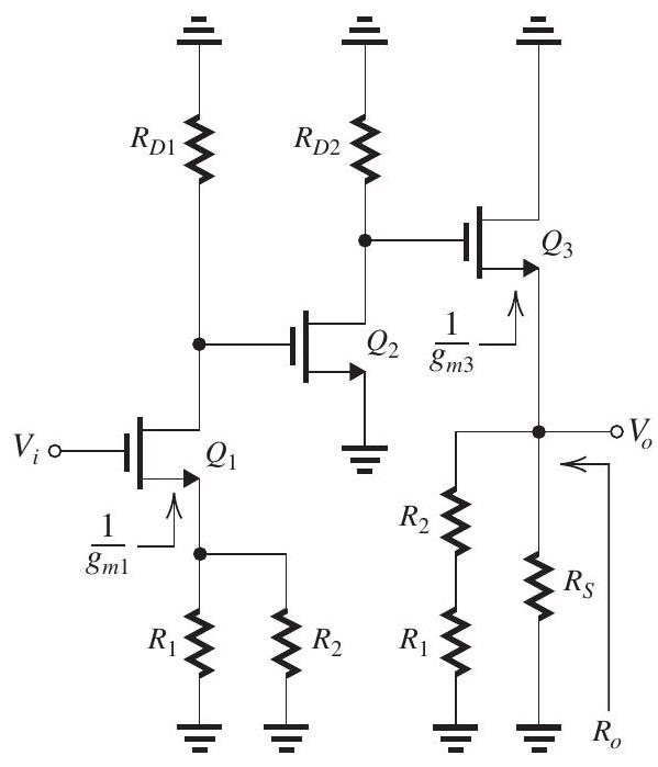 (a) Figure 11.3.2(a) shows the shunt-shunt feedback amplifier (transresistance amplifier) with V_{S} and R_{1} converted to the Norton form. The \beta circuit is shown in Fig. 11.3.2(b) and the A circuit is shown in Fig. 11.3.2(c). From the latter, \begin{aligned} R_{i} & =R_{1}\left\|R_{2}\right\| R_{i d} \\ & =1\|100\| 1000=989.1 \Omega \\ V_{1} & =-I_{i} R_{i} \\ V_{o} & =\mu V_{1} \frac{R_{2}}{R_{2}+r_{o}} \end{aligned} Thus, \begin{aligned} A & \equiv \frac{V_{o}}{I_{i}}=-\mu R_{i} \frac{R_{2}}{R_{2}+r_{o}} \\ A & =-\mu\left(R_{1}\left\|R_{2}\right\| R_{i d}\right) \frac{R_{2}}{R_{2}+r_{o}} \\ A & =-10^{3} \times 0.9891 \times \frac{100}{100+0.1} \\ & =-988.1 \mathrm{k} \Omega \\ R_{O} & =R_{2} \| r_{o} \\ R_{O} & =100 \mathrm{k} \Omega \| 100 \Omega=99.9 \Omega \end{aligned} (b) The \beta circuit is shown in Fig. 11.3.2(b). \begin{aligned} & \beta \equiv \frac{I_{f}}{V_{o}}=-\frac{1}{R_{2}} \\ & \beta=-\frac{1}{100}=-0.01 \mathrm{~mA} / \mathrm{V} \end{aligned} (c) \begin{aligned} A \beta & =-\mu\left(R_{1}\left\|R_{2}\right\| R_{i d}\right) \frac{R_{2}}{R_{2}+r_{o}} \times \frac{-1}{R_{2}} \\ A \beta & =\mu \frac{R_{1}\left\|R_{2}\right\| R_{i d}}{R_{2}+r_{o}} \\ & =10^{3} \times \frac{989.1 \Omega}{100.1 \mathrm{k} \Omega} \\ & =9.88 \end{aligned} (d) 1+A \beta=10.88 (e) \begin{gathered} A_{f} \equiv \frac{V_{o}}{I_{S}}=\frac{A}{1+A \beta}=-\frac{988.1 \mathrm{k} \Omega}{10.88}=-90.8 \mathrm{k} \Omega \\ \frac{V_{o}}{V_{S}}=\frac{V_{o}}{I_{S} R_{1}}=-\frac{90.8 \mathrm{k} \Omega}{1 \mathrm{k} \Omega}=-90.8 \mathrm{~V} / \mathrm{V} \end{gathered} (f) R_{i f}=\frac{R_{i}}{1+A \beta}=\frac{989.1}{10.88}=90.9 \Omega But, \begin{aligned} \frac{1}{R_{\text {if }}} & =\frac{1}{R_{\text {in }}}+\frac{1}{R_{1}} \\ \Rightarrow R_{\text {in }} & =1 /\left(\frac{1}{90.9}-\frac{1}{1000}\right)=100 \Omega \end{aligned} (g) R_{\mathrm{out}}=R_{o f}=\frac{R_{o}}{1+A \beta}=\frac{99.9}{10.88}=9.2 \Omega (h) \begin{aligned} & \frac{\triangle \mu}{\mu}=-10 \% \\ & \Rightarrow \frac{\triangle A}{A}=-10 \% \\ & \Rightarrow \frac{\triangle A_{f}}{A_{f}}=\frac{\triangle A / A}{1+A \beta}=-\frac{10}{10.88}=-0.92 \% \\ & \Rightarrow \text { Change in } \frac{V_{o}}{V_{S}} \text { is }-0.92 \% \end{aligned} Figure 11.4.3