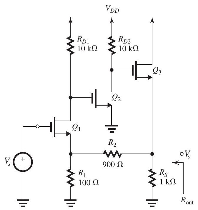 Figure 11.4.1 The series-shunt feedback amplifier shown in Fig. 11.4.1 uses a feedback network \left(R_{1}, R_{2}\right) to sample the output voltage V_{o} . Though the bias details are not shown, it is known that each of Q_{1} , Q_{2} , and Q_{3} is operating at a g_{m} of 2 \mathrm{~mA} / \mathrm{V} and that their r_{o} 's are very large. (a) Give the \beta circuit and find the value of \beta . (b) What do you estimate the approximate value of the closed-loop gain A_{f}=V_{o} / V_{S} to be? (c) Give the A circuit and calculate the value of A . (d) Use the results of (a) and (c) to determine A_{f} and compare the result to the value obtained in (b). (e) Find the output resistance R_{O} of the A circuit. (f) Find the output resistance R_{\text {out }} of the closedloop amplifier. (g) If the open-loop gain A is found to have a dominant high-frequency pole at 1 \mathrm{MHz} , what do you expect the upper 3-dB frequency of the closed-loop gain A_{f} to be? (h) If for some reason g_{m} of Q_{2} decreases by 20 \% , what is the corresponding percentage decrease in A_{f} ?